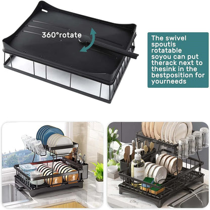 2-Tier Stainless Steel Dish Drying Rack – Large Kitchen Countertop Organizer with Drainer & Cutlery Holder
