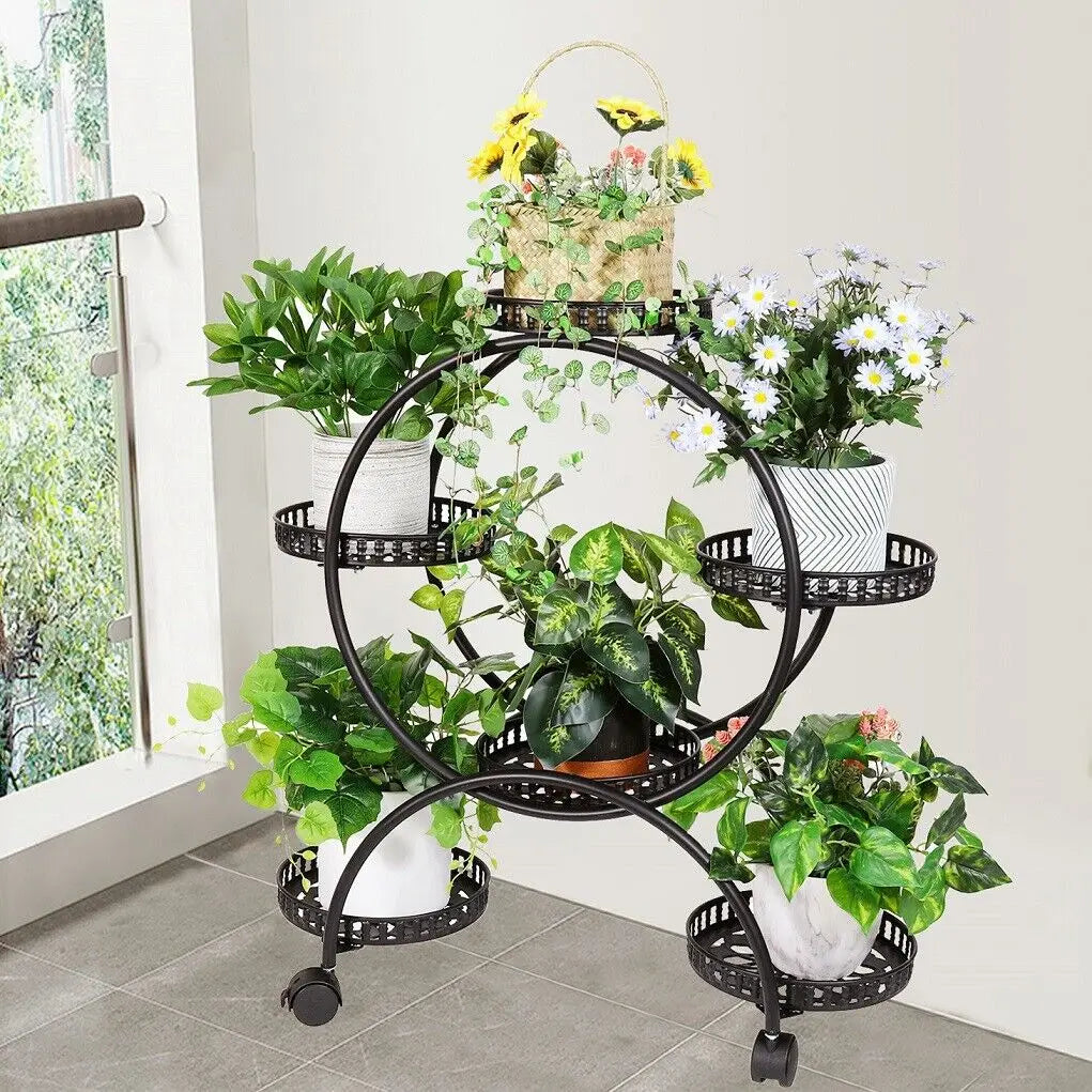 6 Pots Flower Holder Moveable Plant Stand