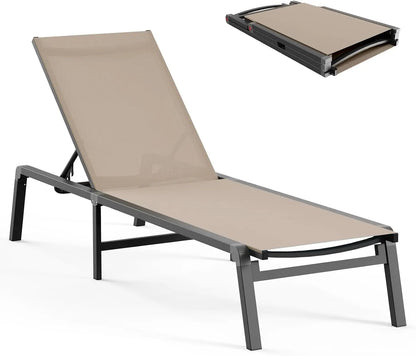 Aluminum Chaise Lounge Ourdoor - Foldable & Assemble Free Outdoor Lounge Chair with 5 Adjustable Backrest, Patio Lounge Chair