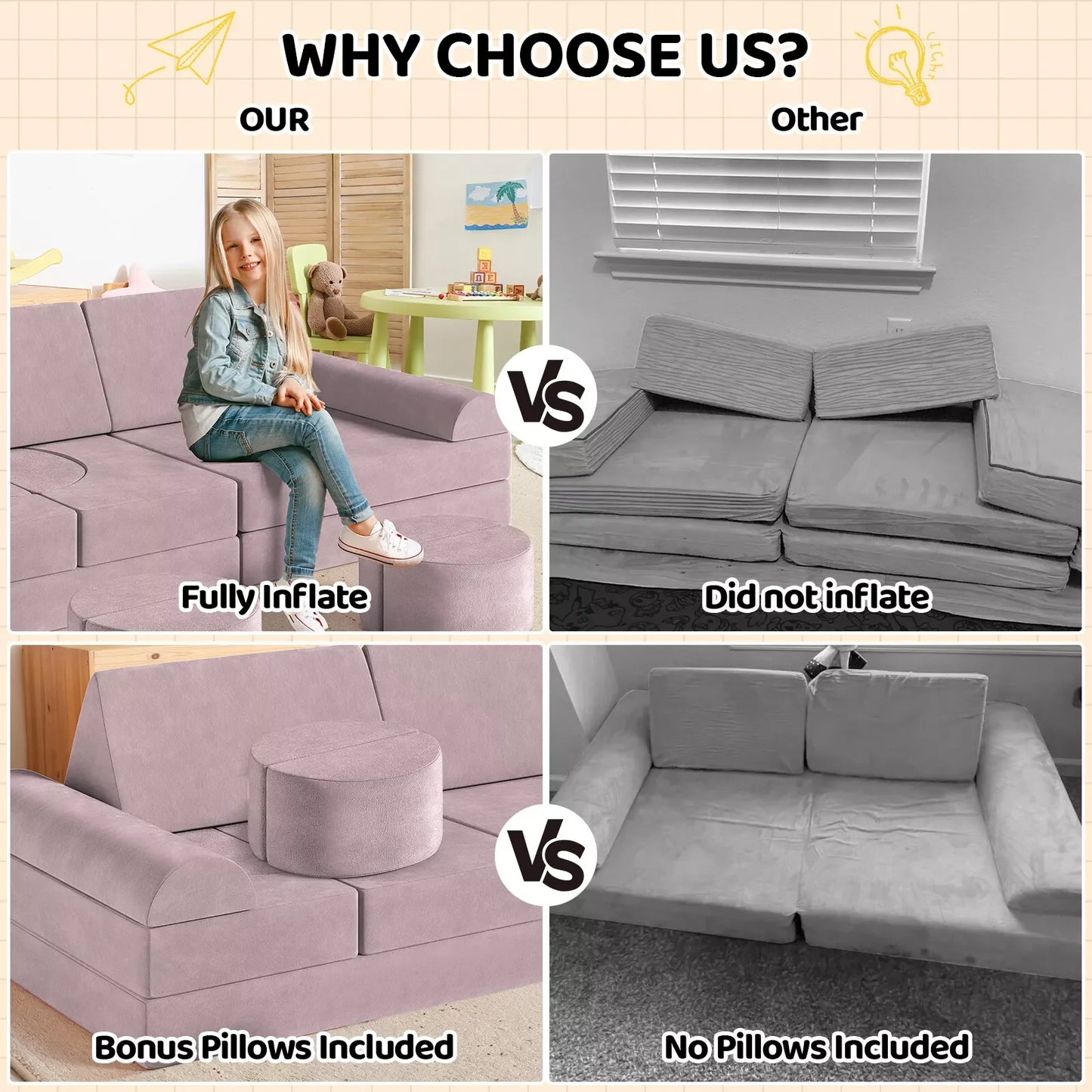 Modular Kids Play Couch Convertible Foam & Floor Cushion