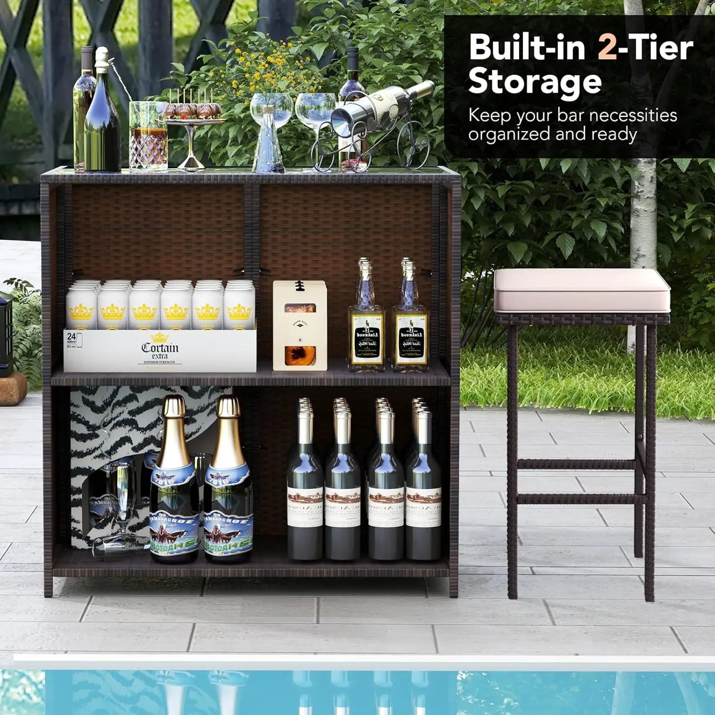 3 Piece Patio Bar Set, Outdoor Rattan Bar Table and 2 Stools
