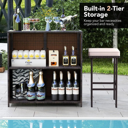 3 Piece Patio Bar Set, Outdoor Rattan Bar Table and 2 Stools