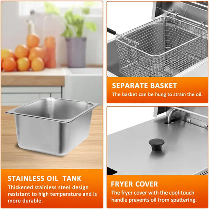 Commercial Deep Fryer with Basket, 12.7QT/12L, Stainless Steel