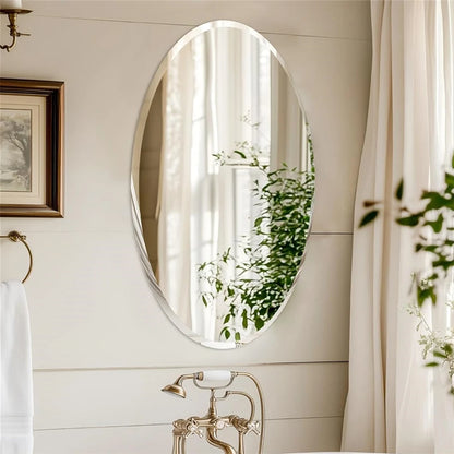 Frameless Oval Wall Mirror with Beveled Silver Edge