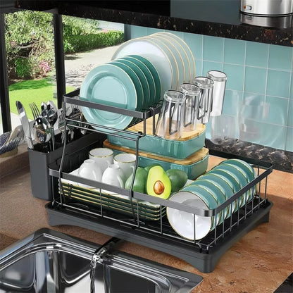 2-Tier Stainless Steel Dish Drying Rack – Large Kitchen Countertop Organizer with Drainer & Cutlery Holder