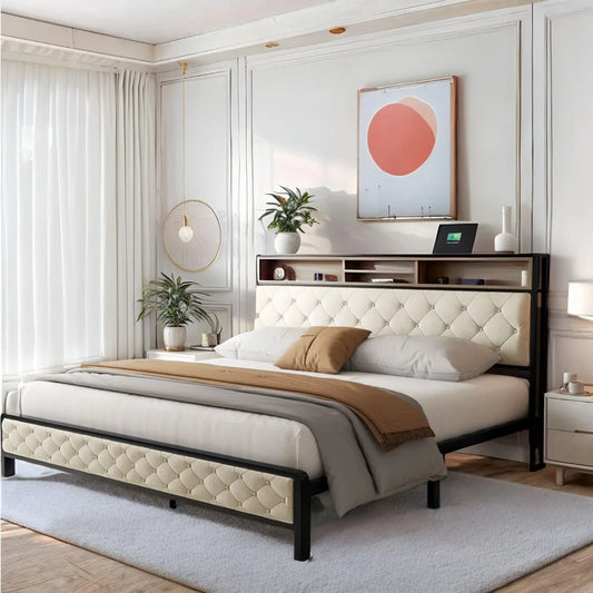King Size Bed Frame with Storage Headboard with Charging Station