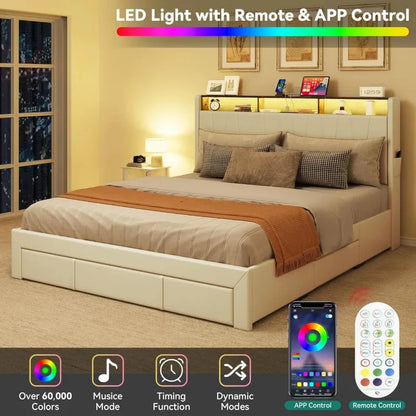 LED Light, Upholstered King Sized Platform Bed with Storage