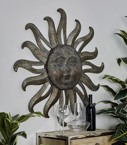 Metal Sun Home Wall Decor Indoor Outdoor Wall Sculpture, Wall Art 36" x 4" x 36", Gray