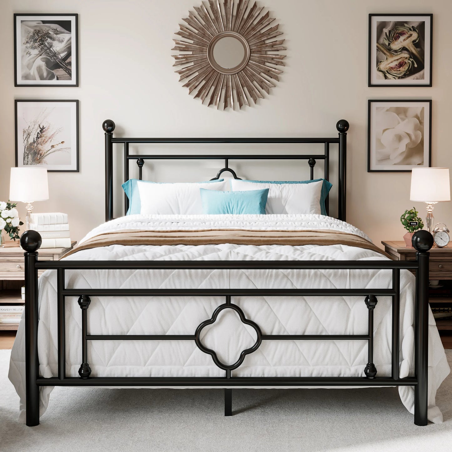 14 Inch Metal Platform Bed Frame, Vintage Victorian Style, Wrought Iron Headboard and Footboard