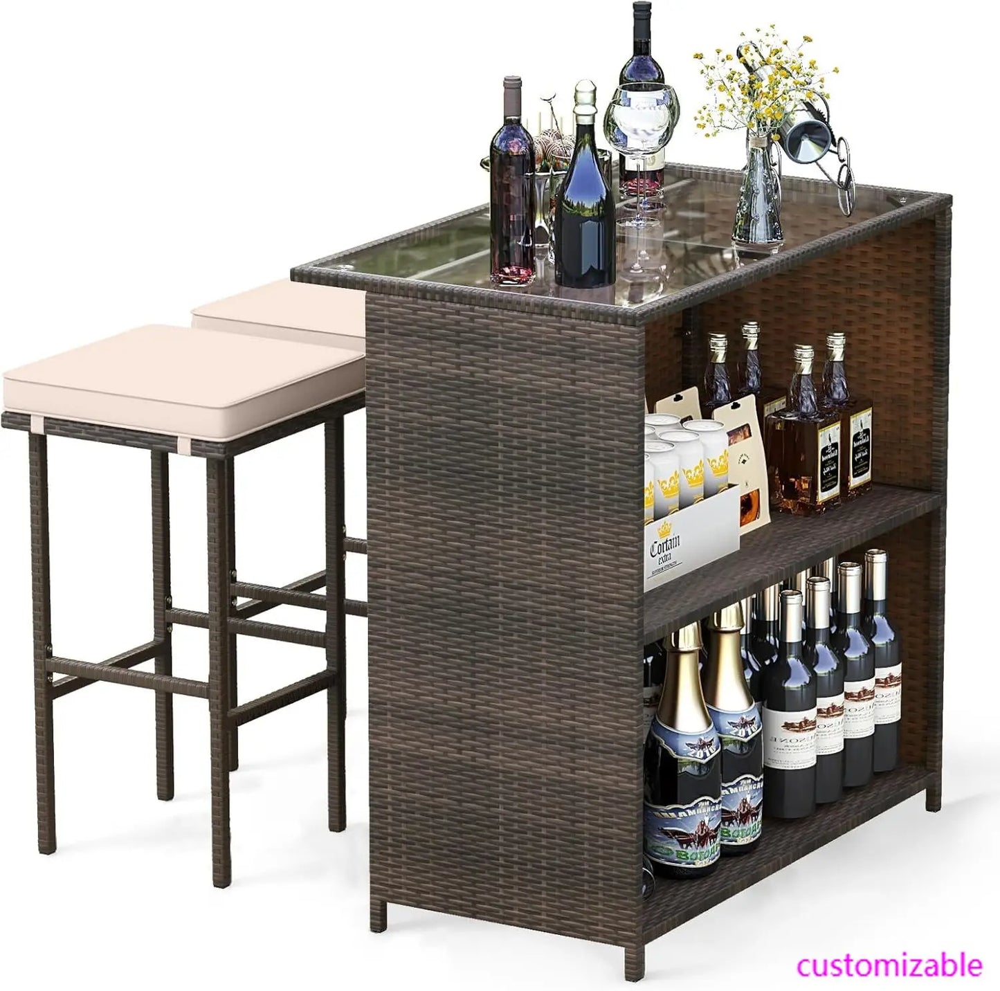 3 Piece Patio Bar Set, Outdoor Rattan Bar Table and 2 Stools