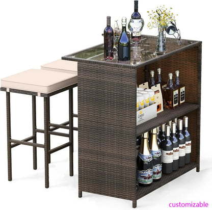 3 Piece Patio Bar Set, Outdoor Rattan Bar Table and 2 Stools