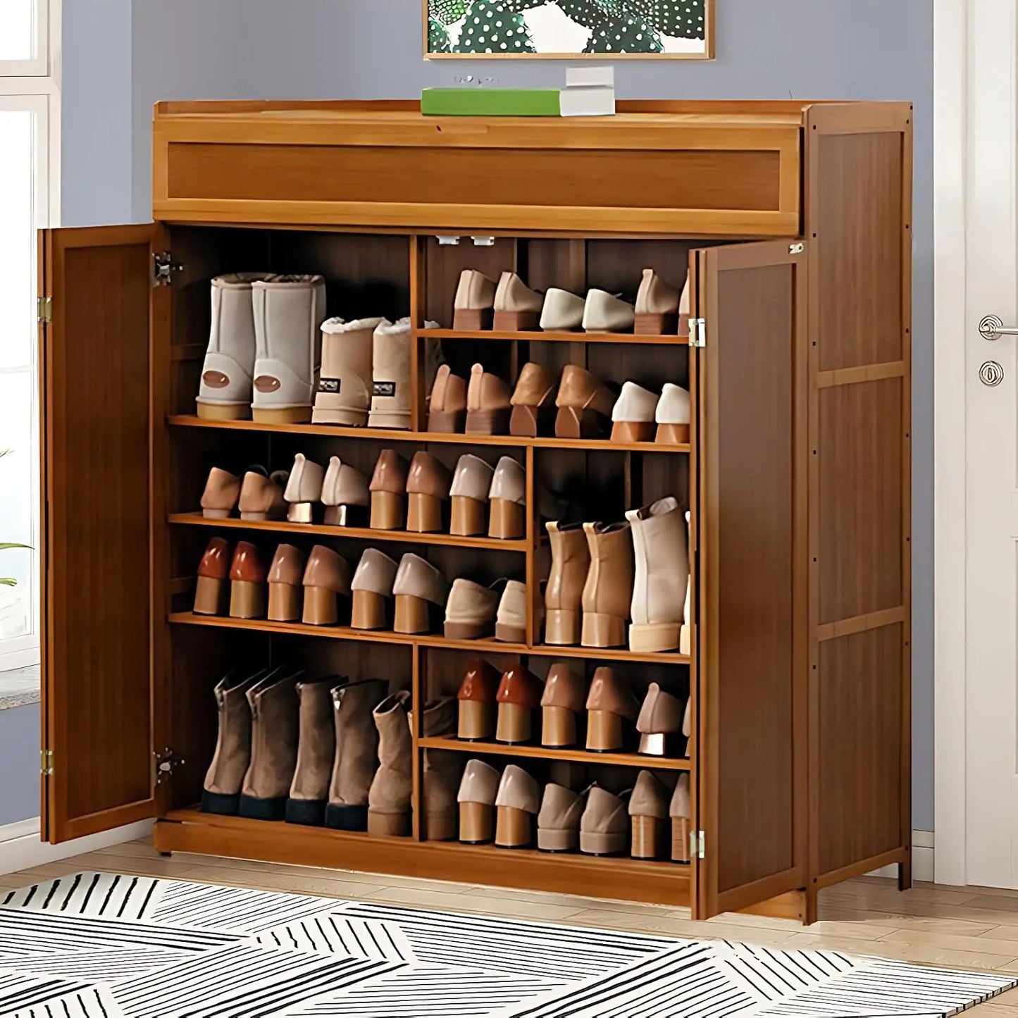 8 Tier Bamboo Shoe Storage Cabinet with Doors