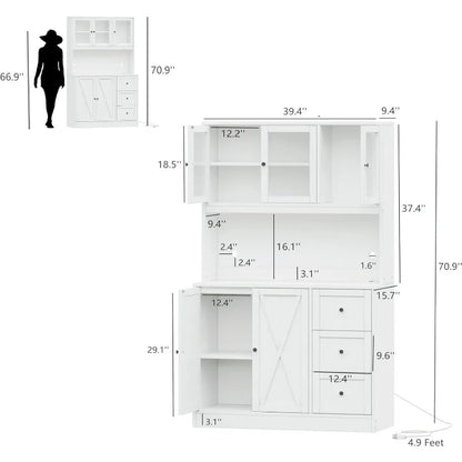 70.9'' Kitchen Pantry Cabinet with Hutch and Microwave stand