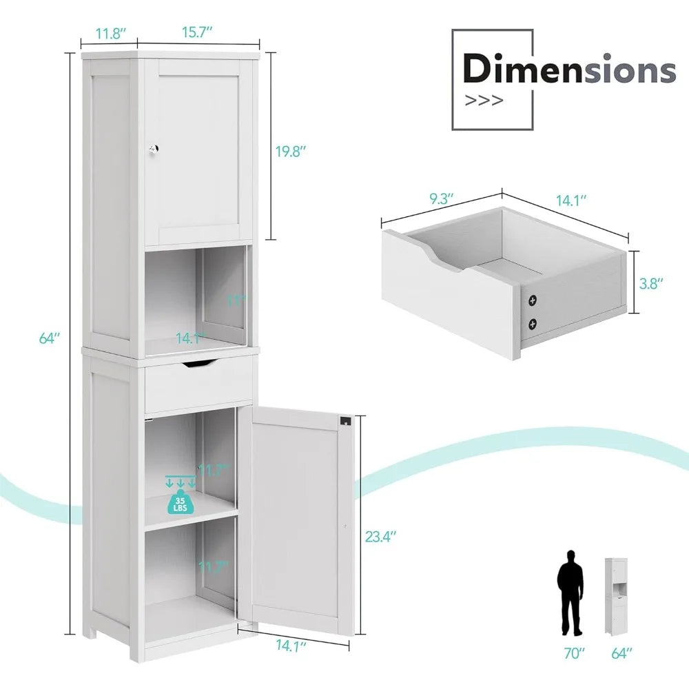 64”H Narrow Storage Unit for Small Spaces, Freestanding with Adjustable Shelves