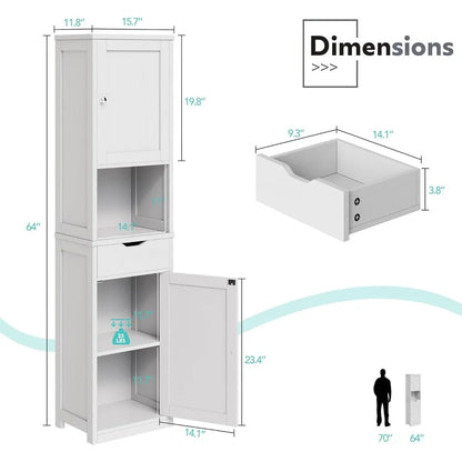 64”H Narrow Storage Unit for Small Spaces, Freestanding with Adjustable Shelves