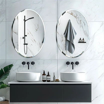 Frameless Oval Wall Mirror with Beveled Silver Edge