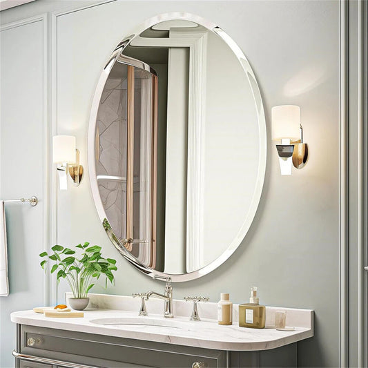 Frameless Oval Wall Mirror with Beveled Silver Edge
