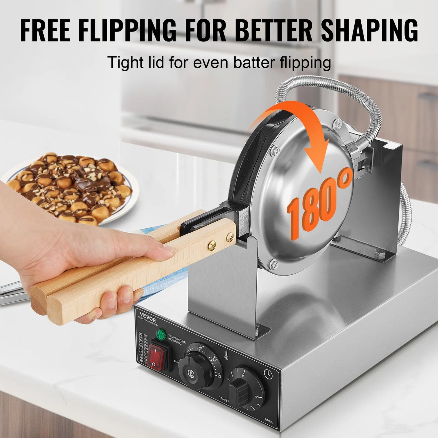 Commercial Waffle Maker 1400W Non-Stick Stainless Steel w/180° Rotatable 2 Pans & Wooden Handles