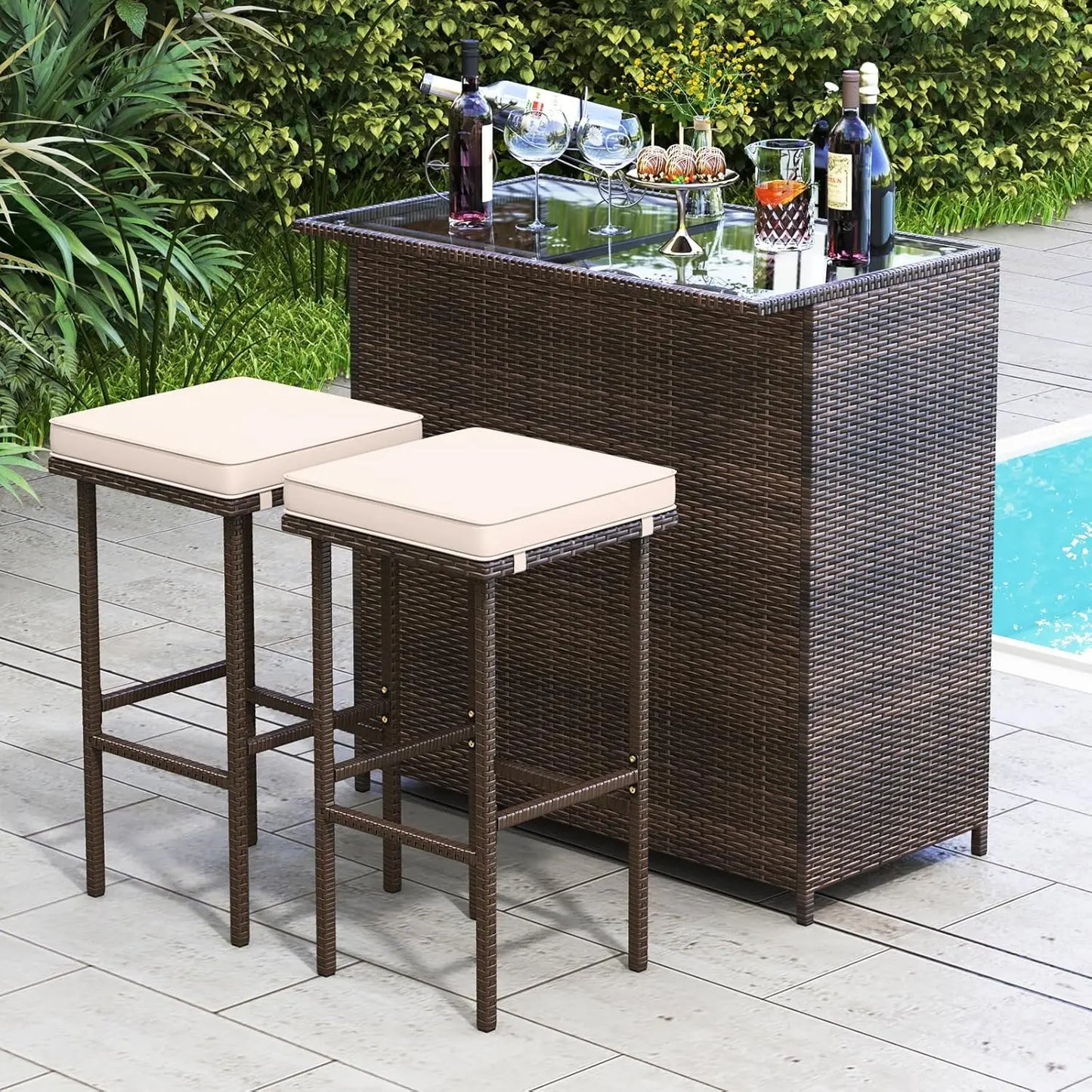 3 Piece Patio Bar Set, Outdoor Rattan Bar Table and 2 Stools