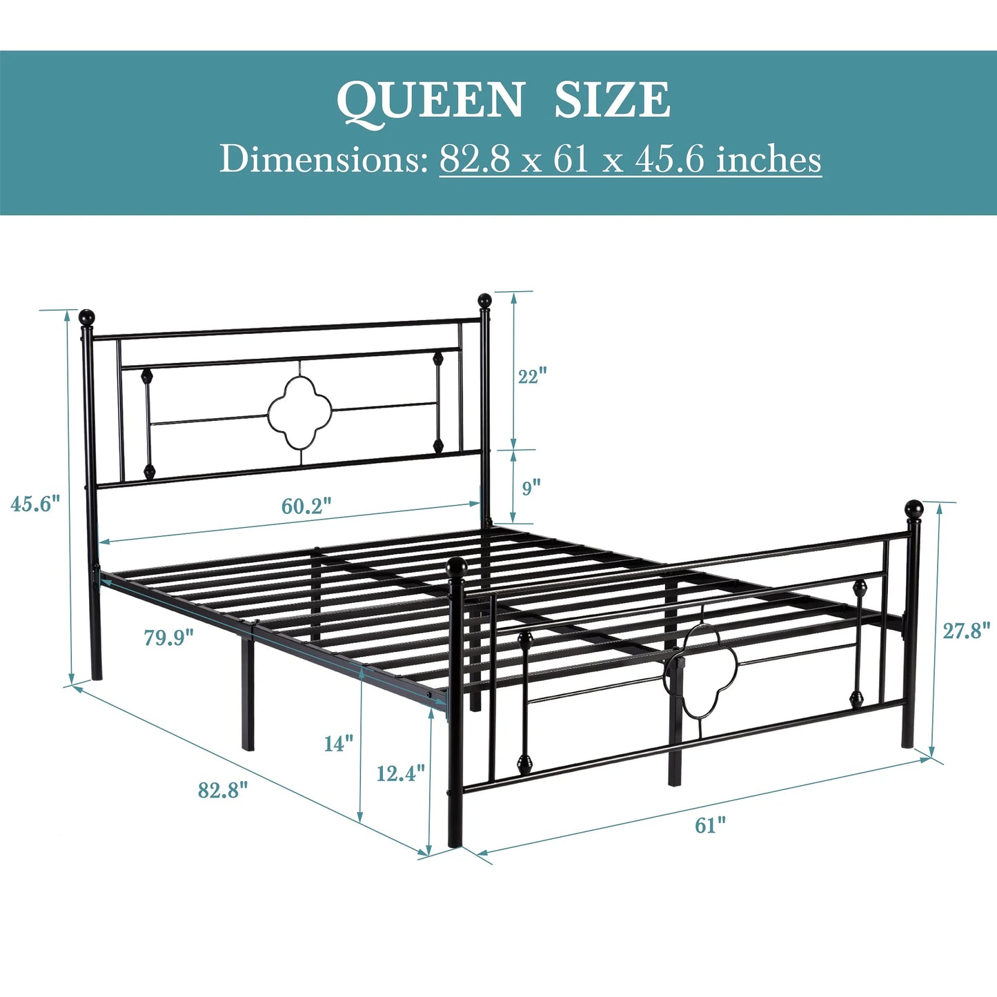 14 Inch Metal Platform Bed Frame, Vintage Victorian Style, Wrought Iron Headboard and Footboard