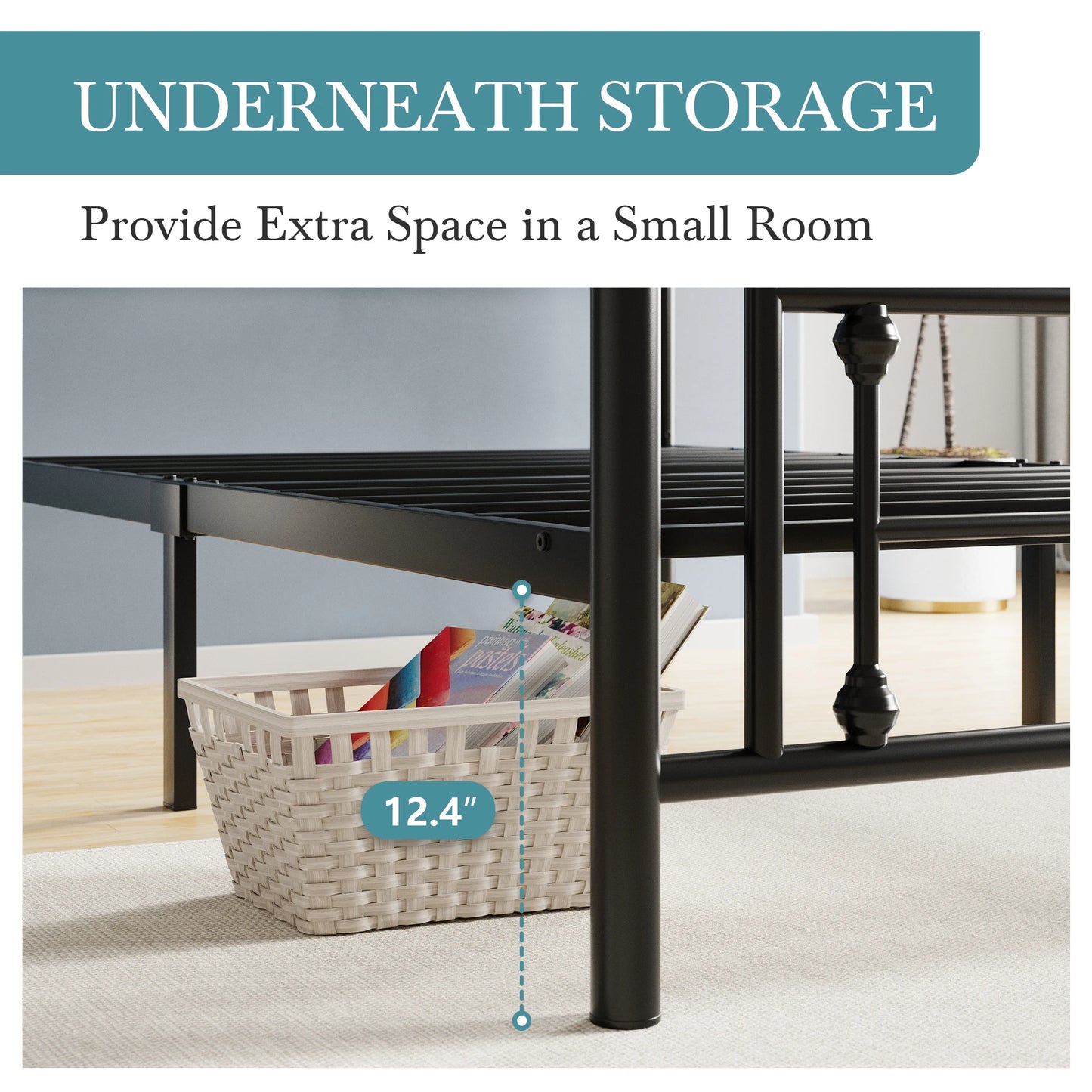 14 Inch Metal Platform Bed Frame, Vintage Victorian Style, Wrought Iron Headboard and Footboard