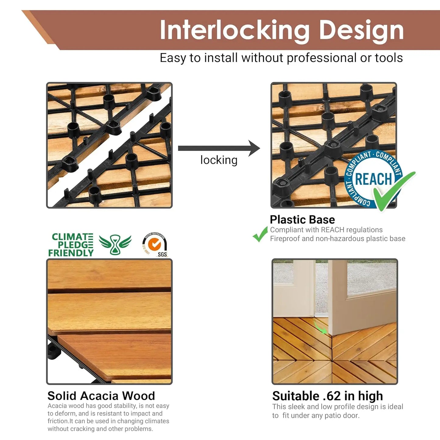 54 PCS Solid Acacia Wood Interlocking Patio Deck Tiles - 12" x 12"