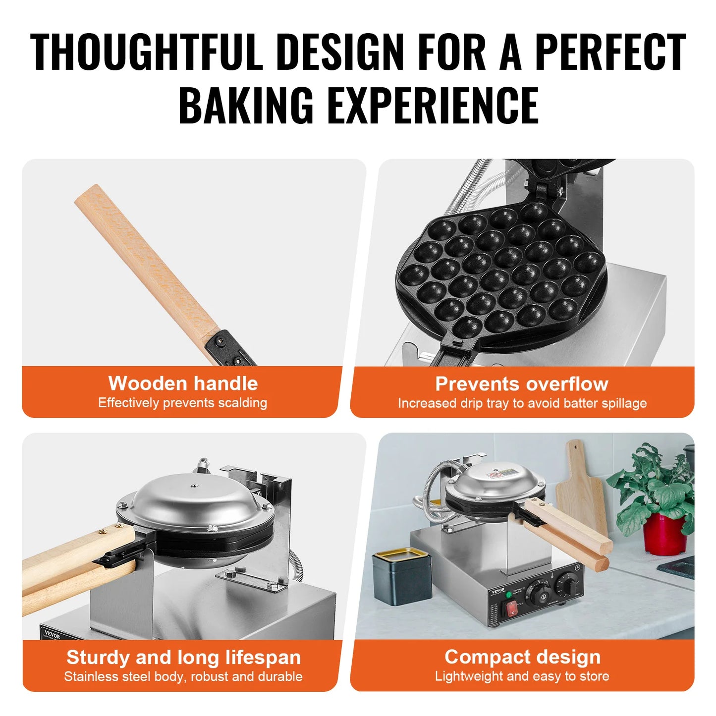 Commercial Waffle Maker 1400W Non-Stick Stainless Steel w/180° Rotatable 2 Pans & Wooden Handles
