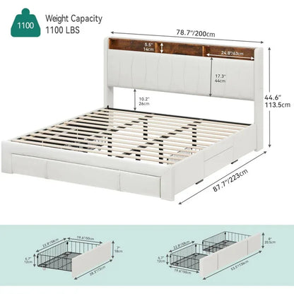 LED Light, Upholstered King Sized Platform Bed with Storage