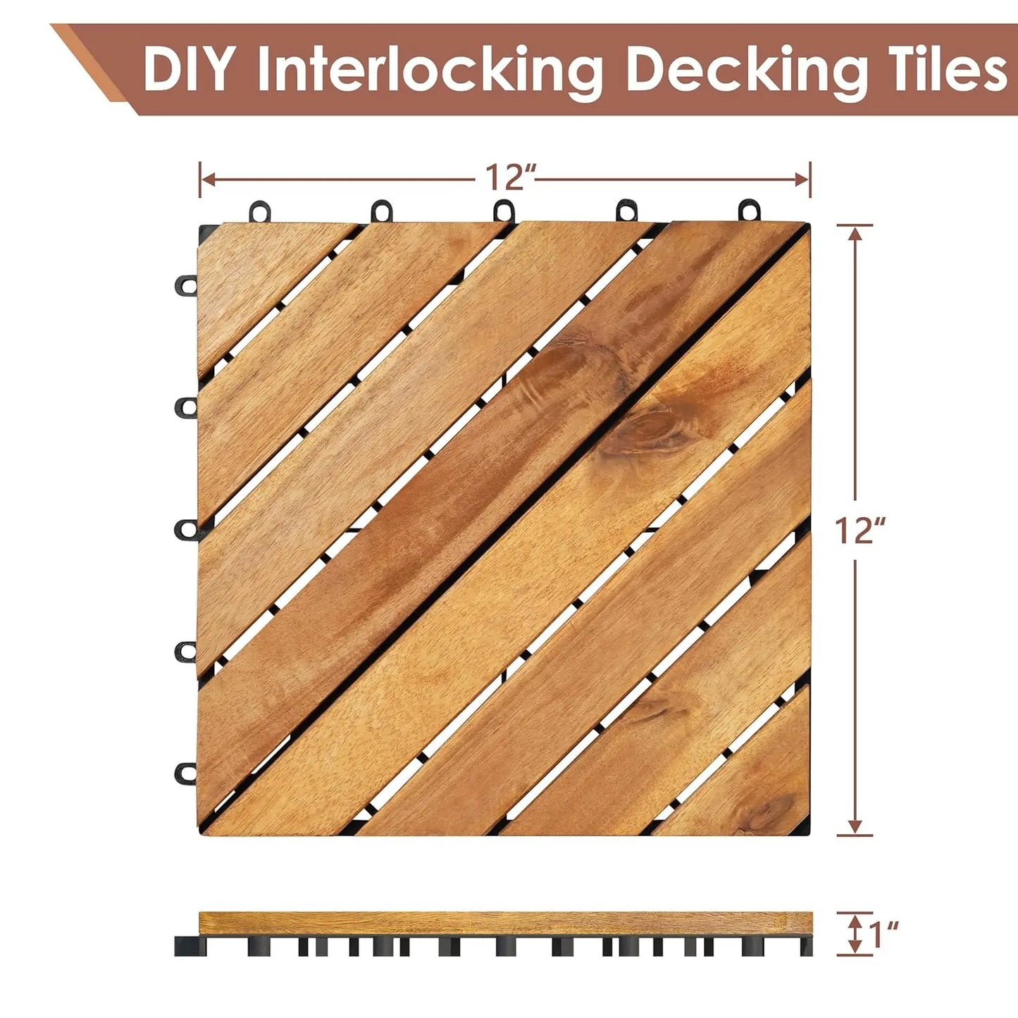 54 PCS Solid Acacia Wood Interlocking Patio Deck Tiles - 12" x 12"