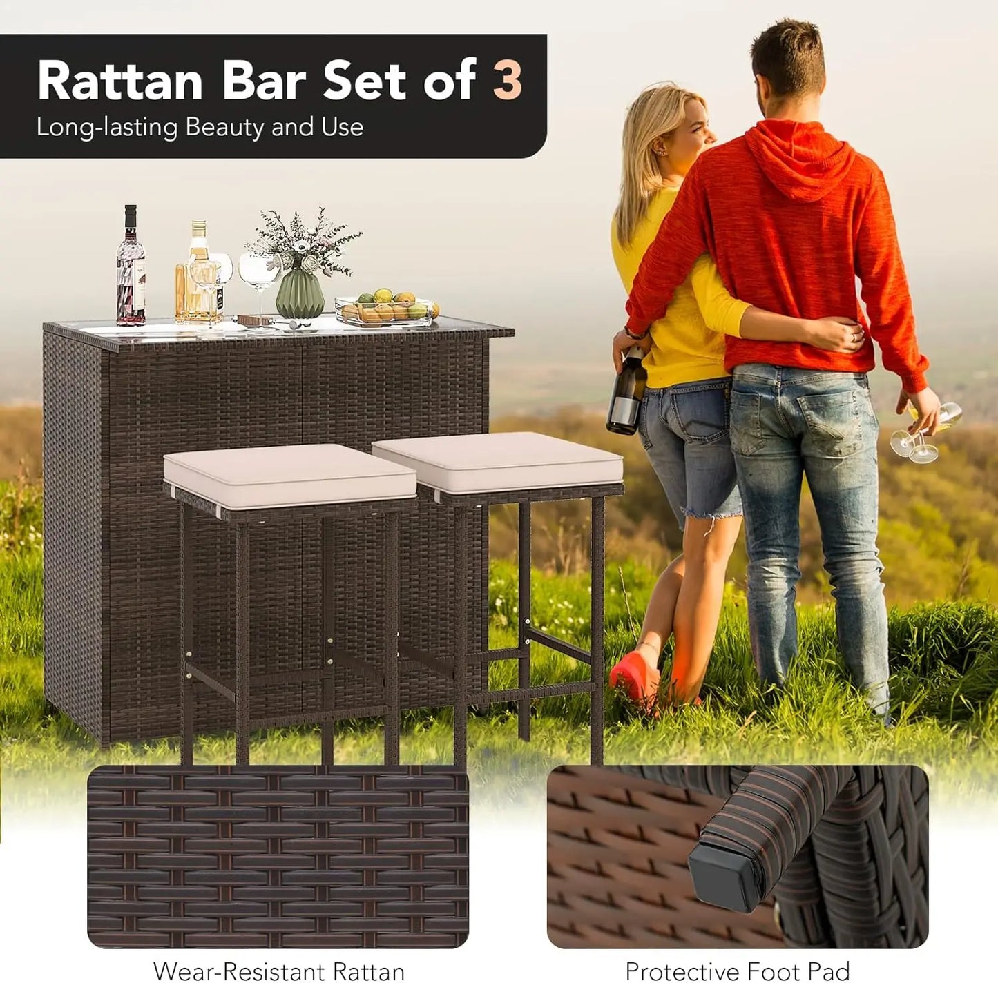 3 Piece Patio Bar Set, Outdoor Rattan Bar Table and 2 Stools