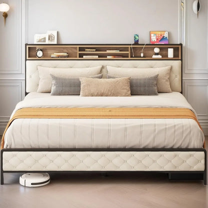 King Size Bed Frame with Storage Headboard with Charging Station