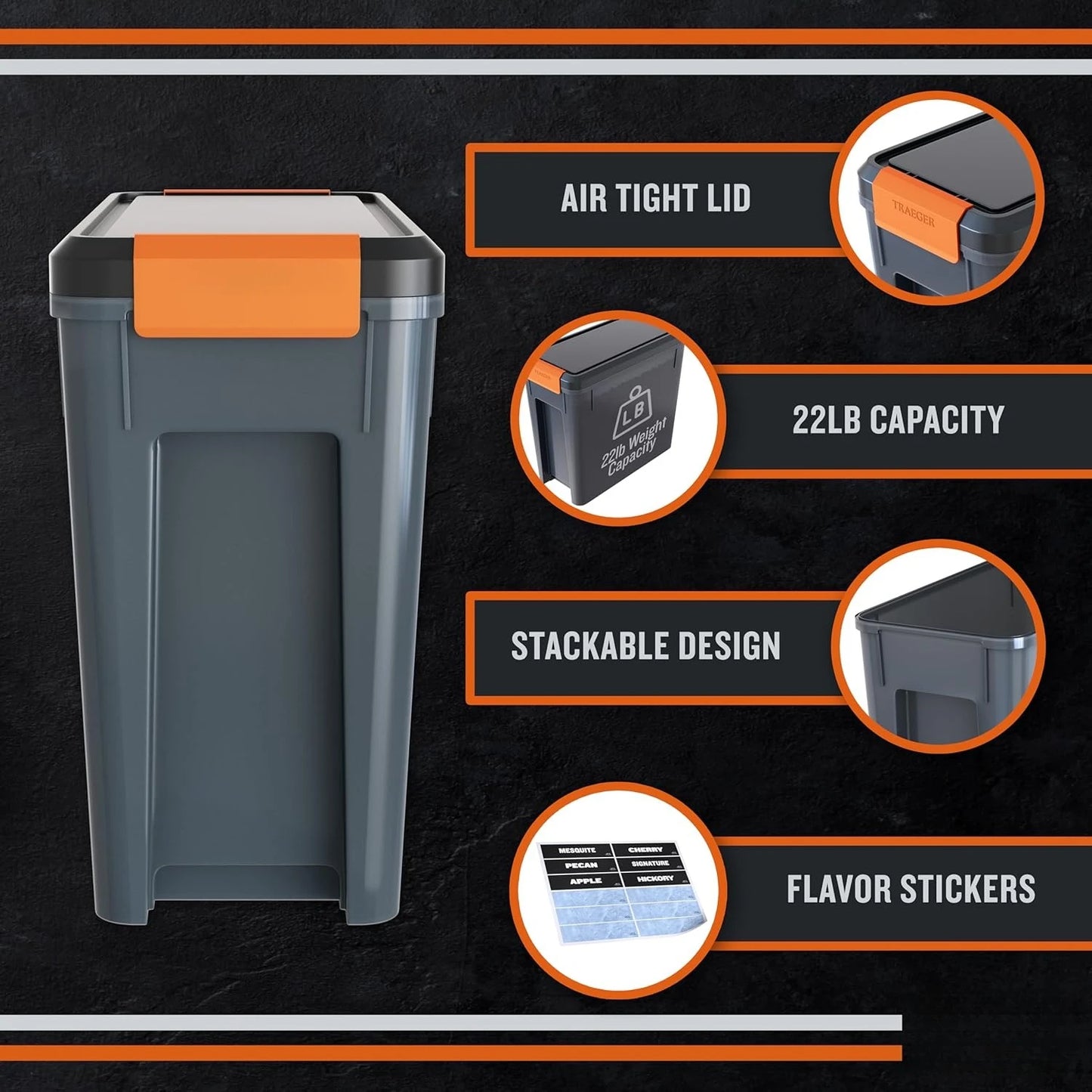 Grill Pellet Storage Bin with Locking Lid, 22lb Capacity