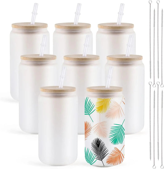 8 Pack 16OZ Frosted/Clear Glass Tumblers with Bamboo Lid