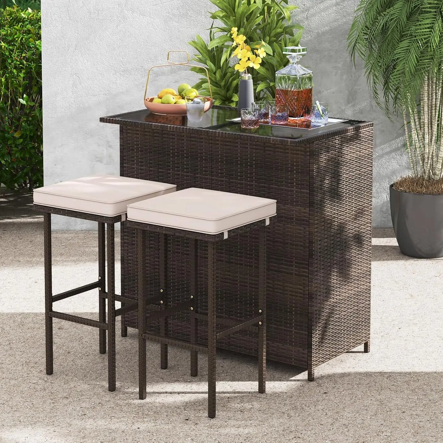 3 Piece Patio Bar Set, Outdoor Rattan Bar Table and 2 Stools