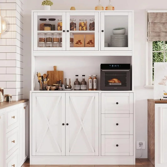 70.9'' Kitchen Pantry Cabinet with Hutch and Microwave stand
