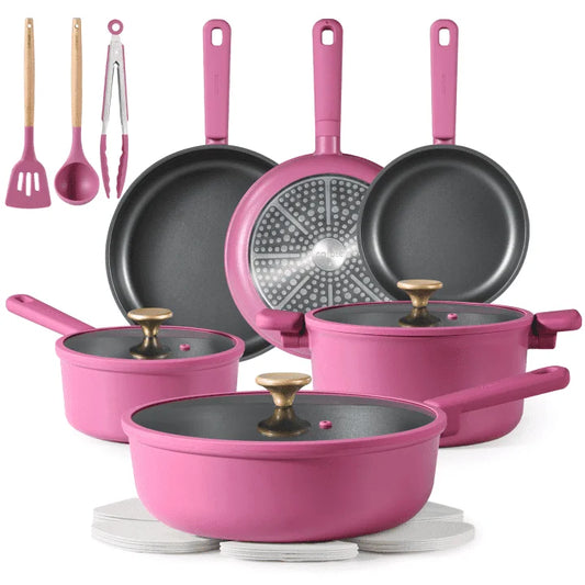 17 Pcs, Rose Pink Kitchen Cookware Set