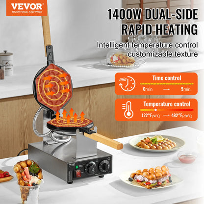 Commercial Waffle Maker 1400W Non-Stick Stainless Steel w/180° Rotatable 2 Pans & Wooden Handles
