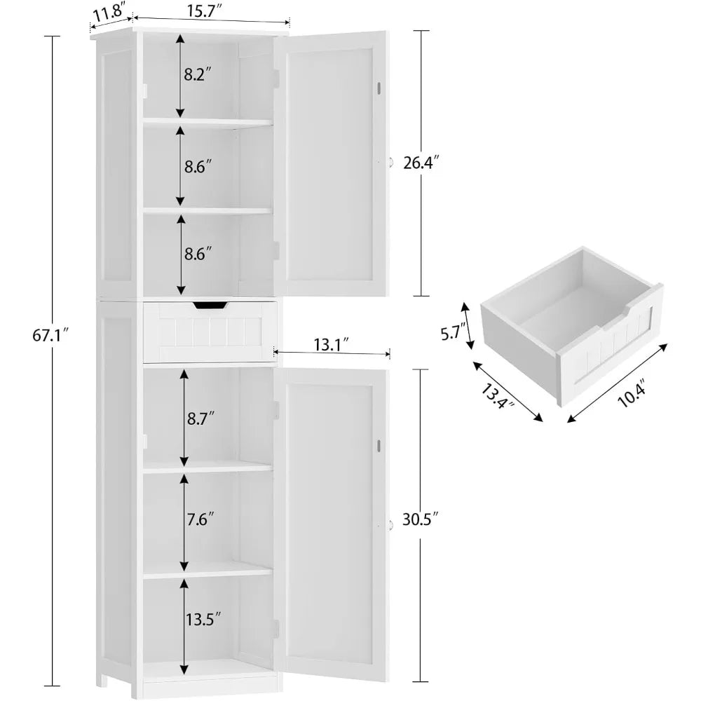 67" H Tall Narrow Bathroom Cabinet with Adjustable Shelves