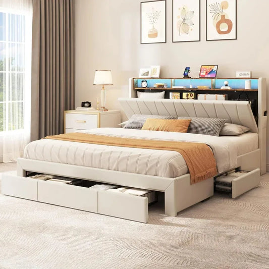 LED Light, Upholstered King Sized Platform Bed with Storage
