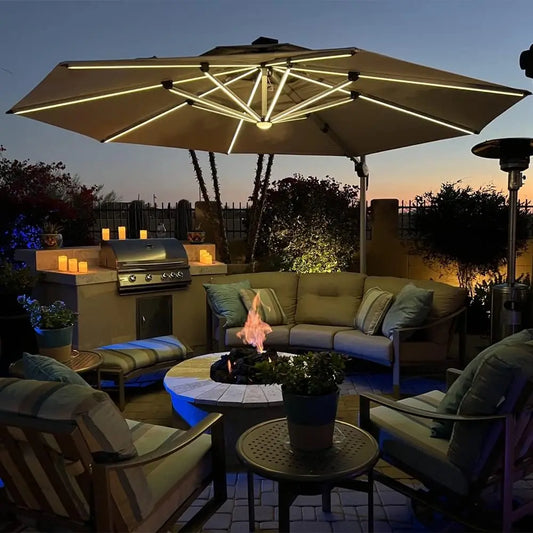 11ft Solar powered LED Patio Cantilever Umbrella Beige