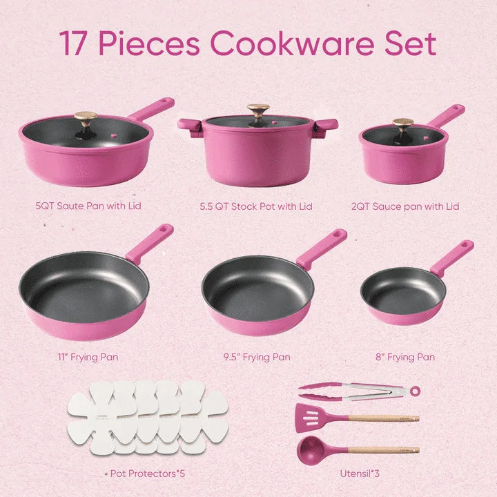 17 Pcs, Rose Pink Kitchen Cookware Set