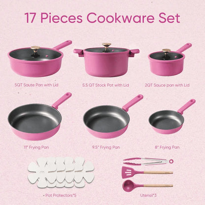 17 Pcs, Rose Pink Kitchen Cookware Set
